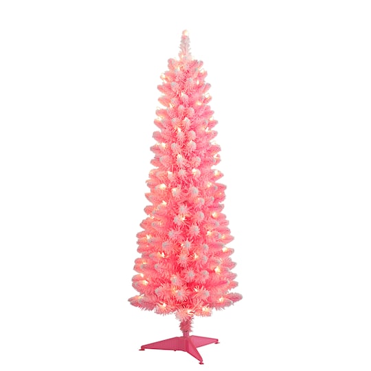 6 Pack: 4.5ft. Pre-Lit Flocked Fashion Pink Pencil Artificial Christmas Tree, Clear Lights